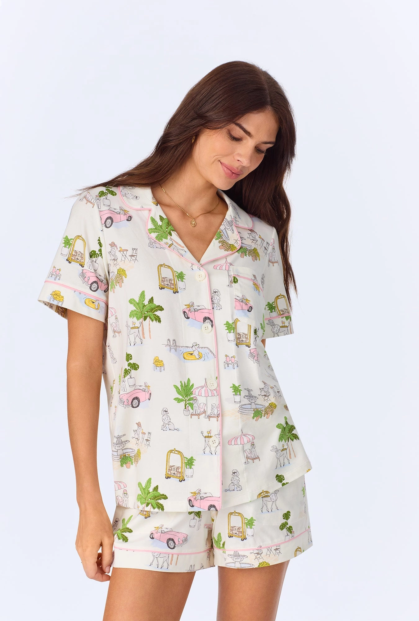Poolside Poodles Short Sleeve Classic Shorty Stretch Jersey PJ Set