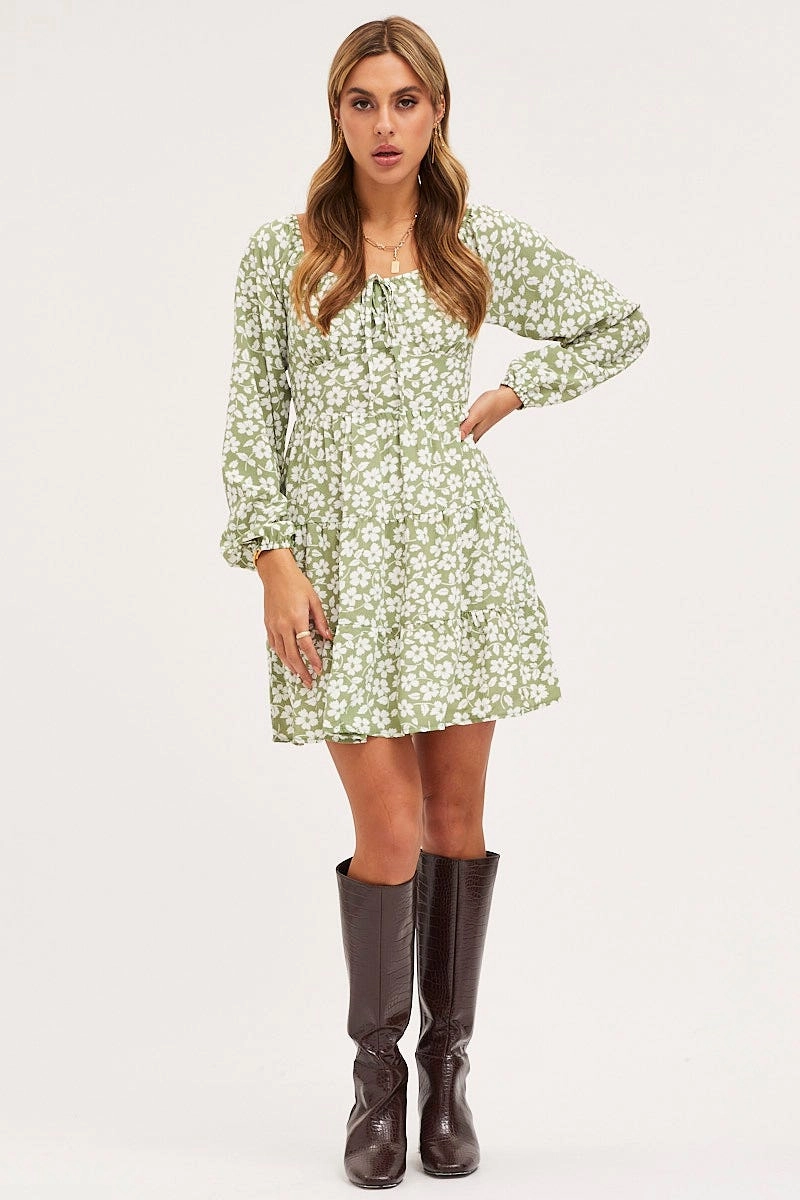 Print Mini Dress Long Sleeve Square Neck
