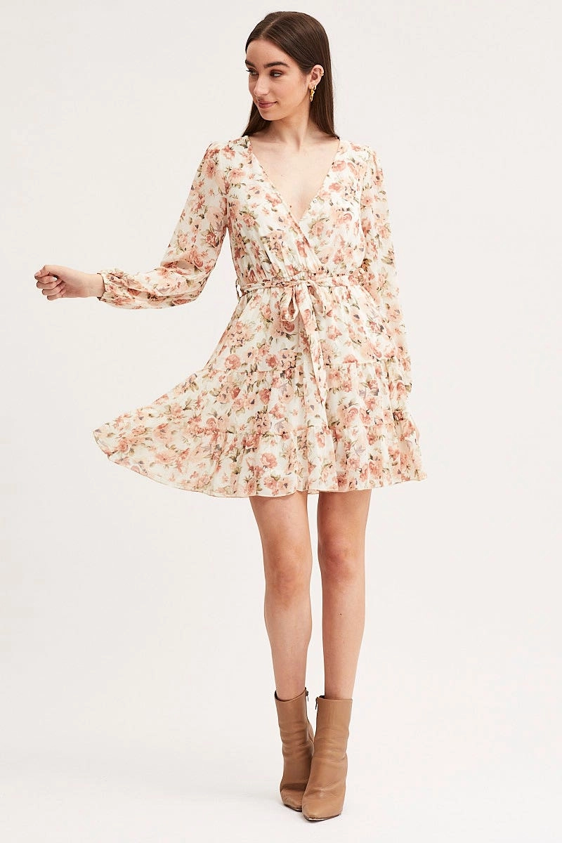 Print Mini Dress Long Sleeve V Neck