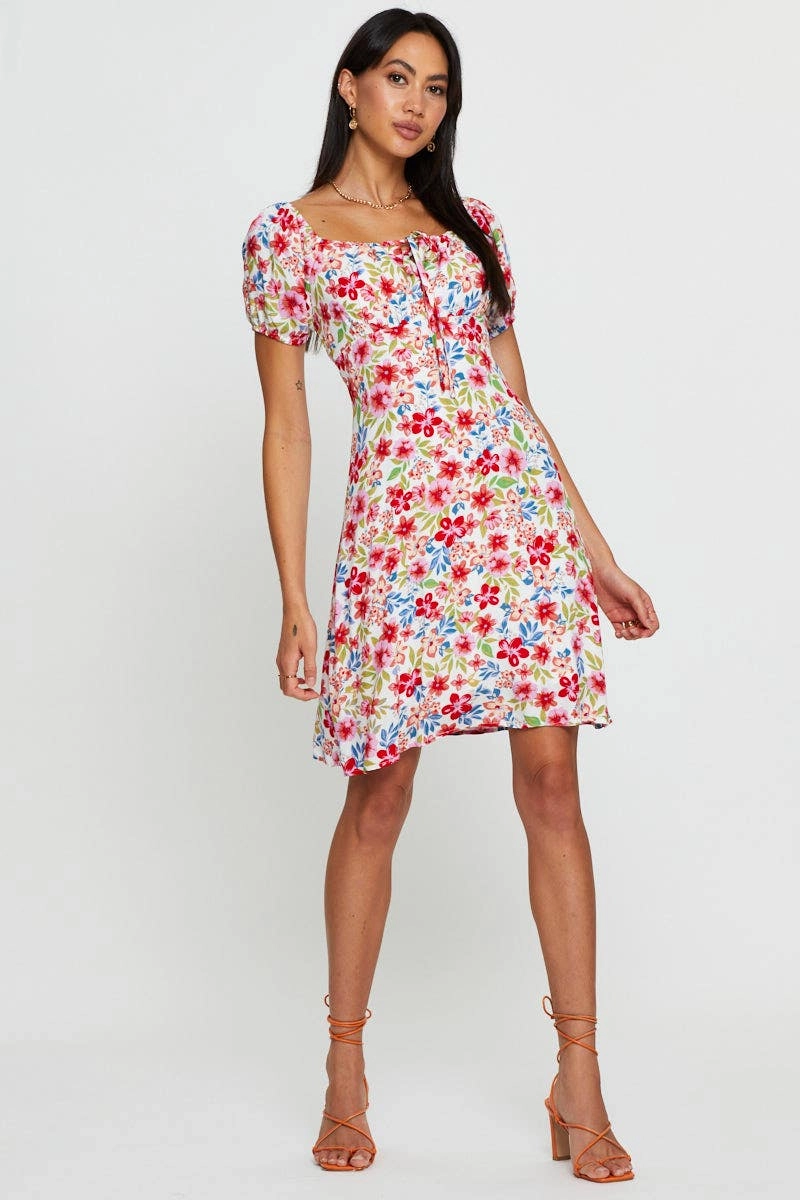 Print Mini Dress Short Sleeve Scoop Neck