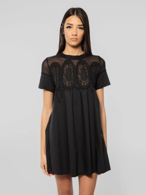 Short Cotton Dress with Black Lace