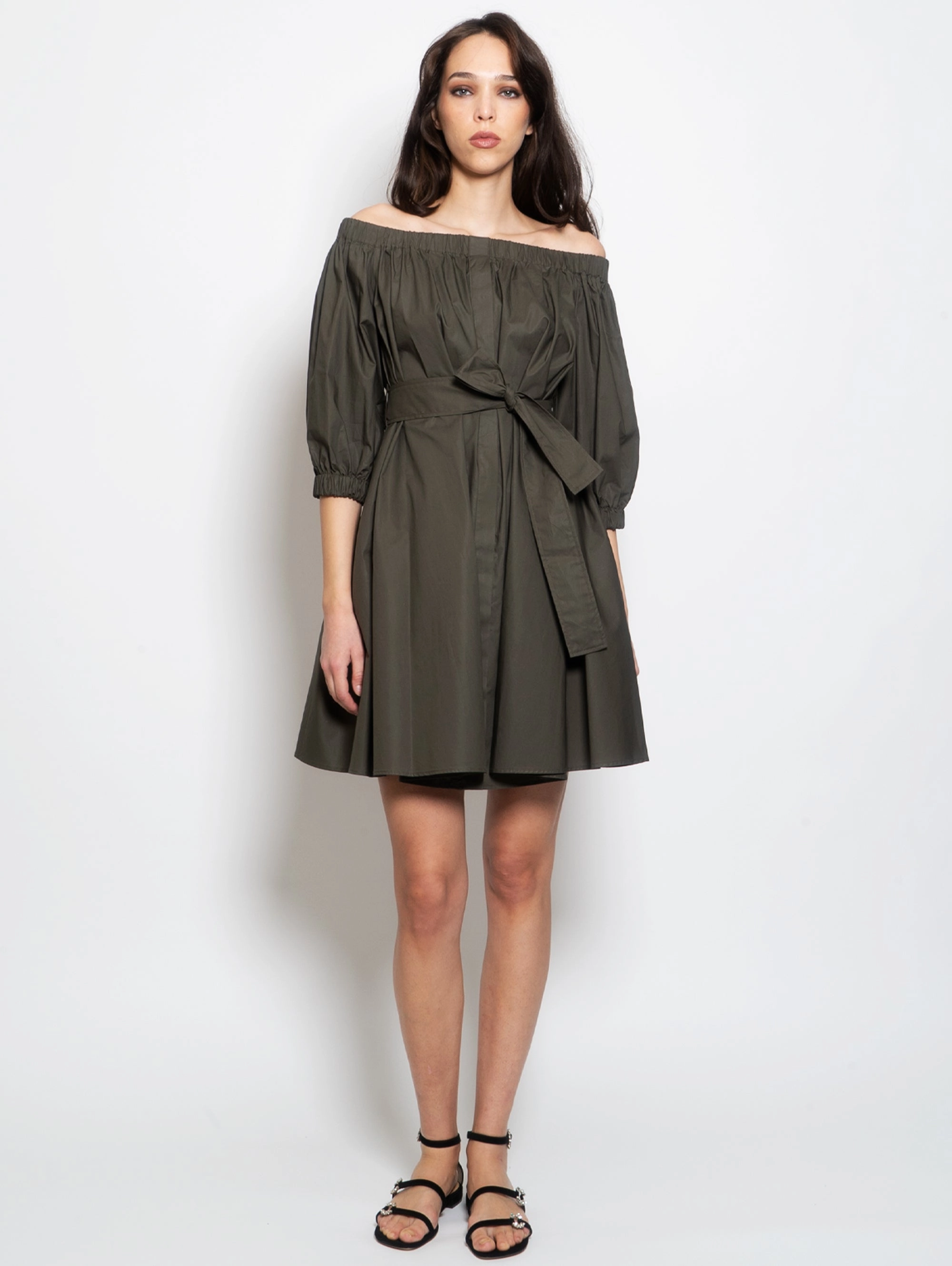Short Pleated Dress in Green Cotton