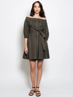 Short Pleated Dress in Green Cotton