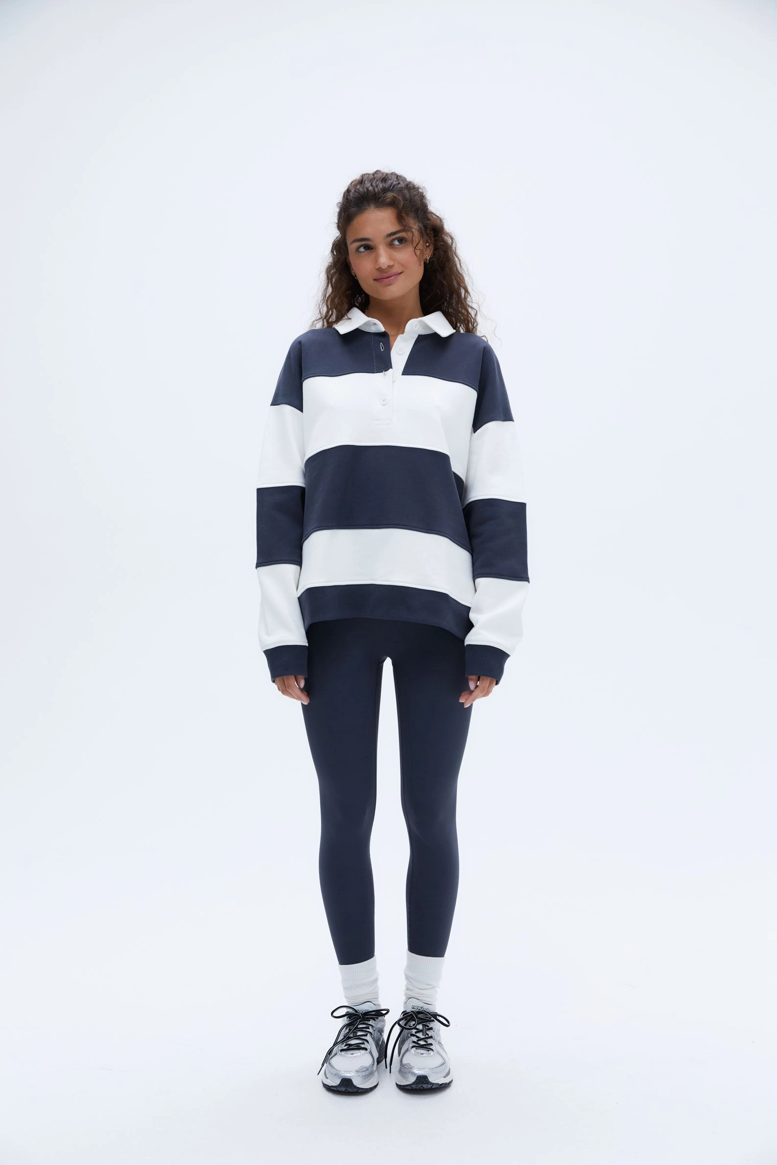 Stripe Oversized Henley Sweatshirt - Midnight Blue/Marshmallow White