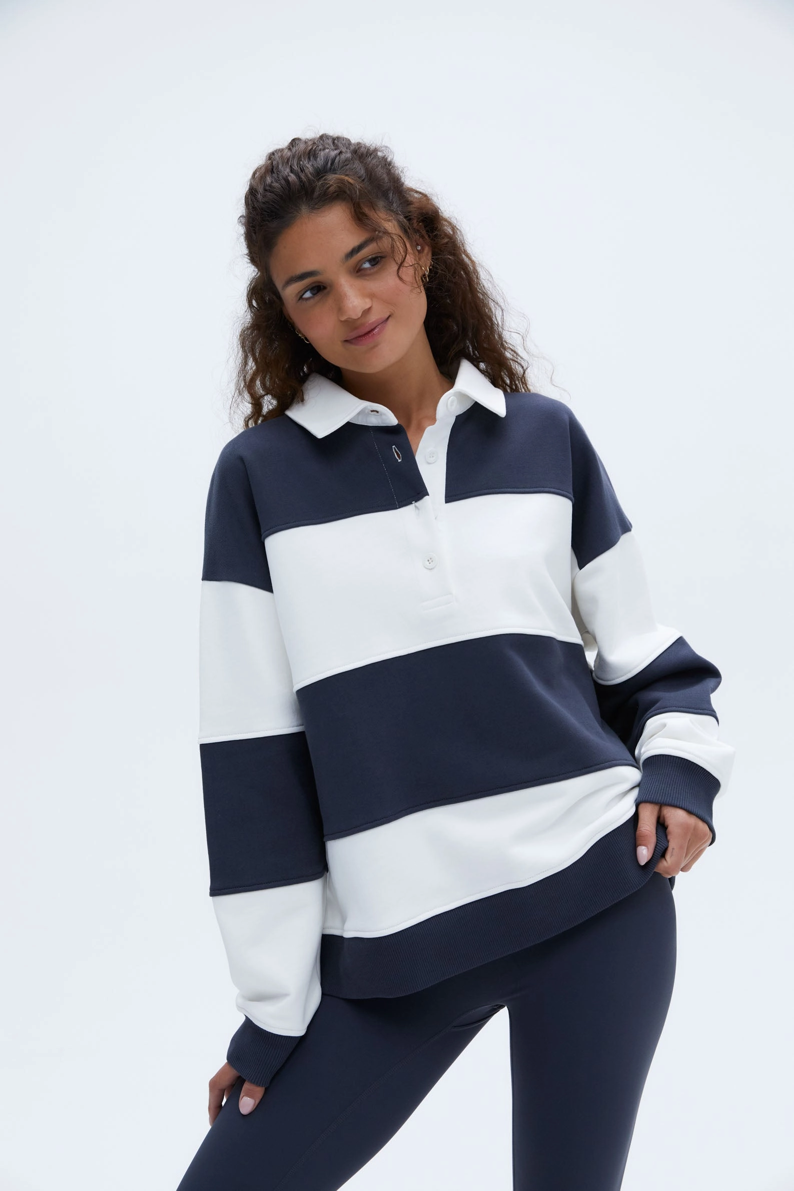 Stripe Oversized Henley Sweatshirt - Midnight Blue/Marshmallow White