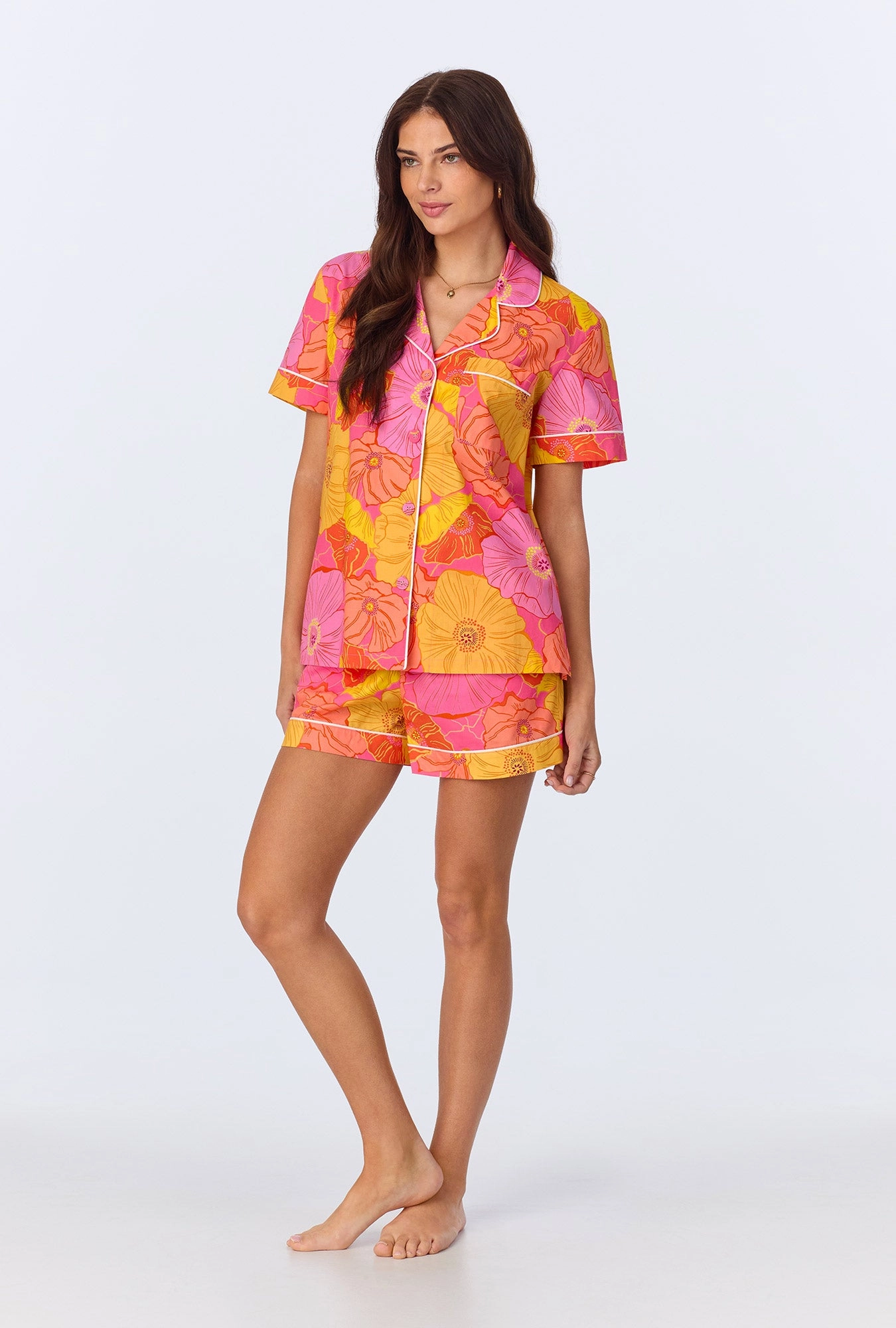 Sunkissed Poppies Short Sleeve Classic  Shorty Woven Cotton Poplin PJ Set