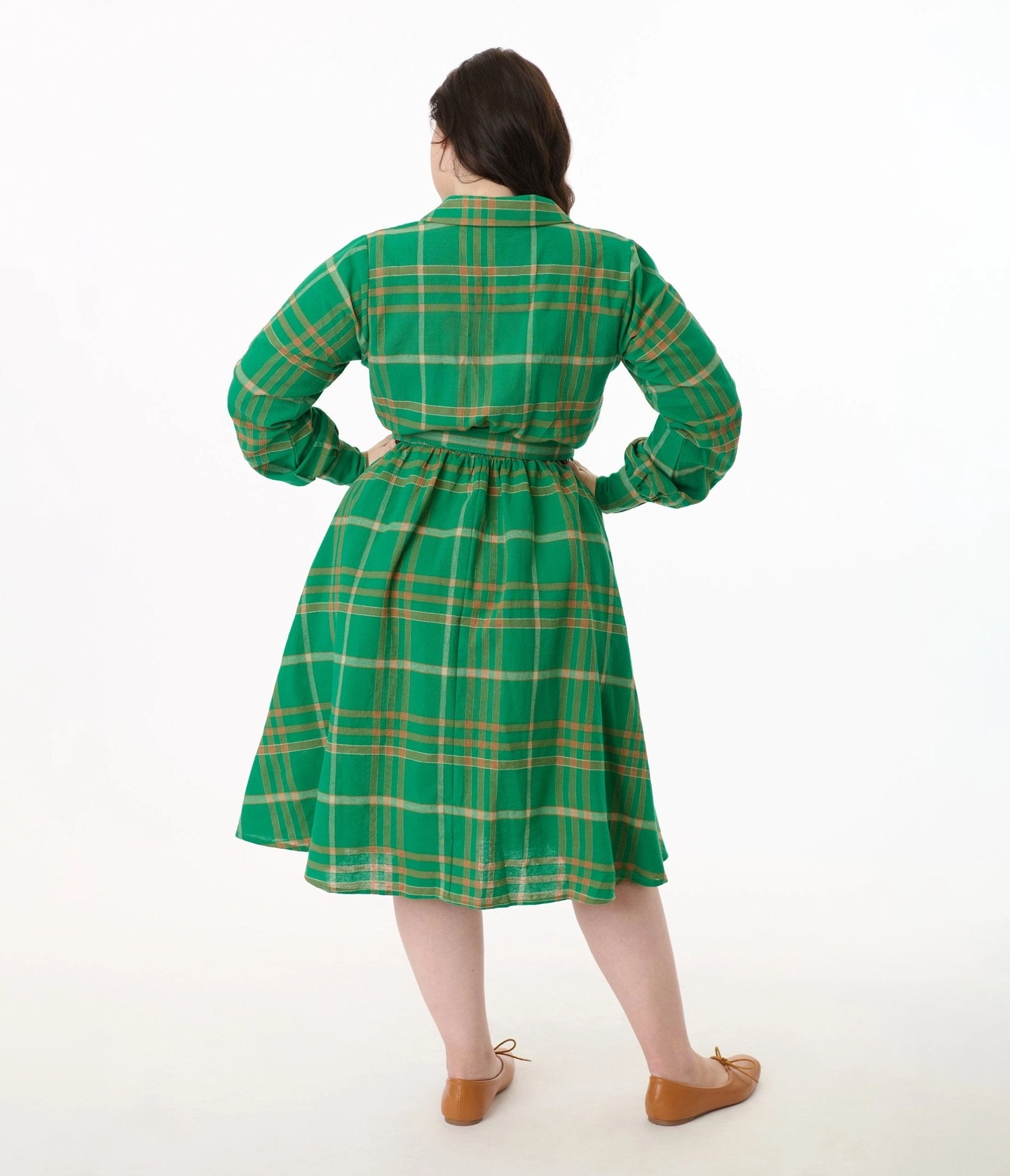 Unique Vintage Plus Size Green Plaid Belted Cotton Shirt Dress
