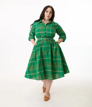 Unique Vintage Plus Size Green Plaid Belted Cotton Shirt Dress